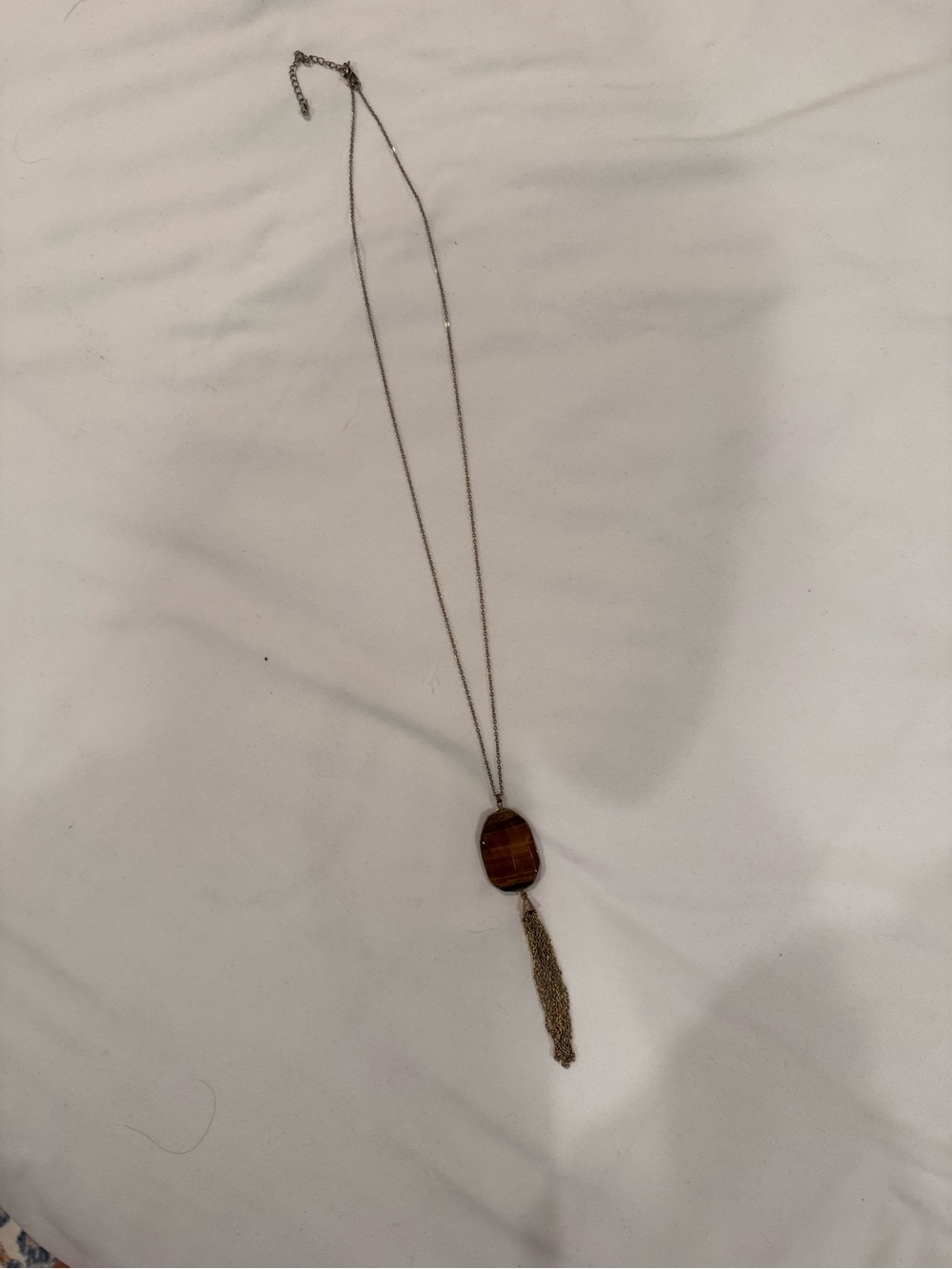 Long Silver Chain Necklace with Brown Stone Pendant and Tassel